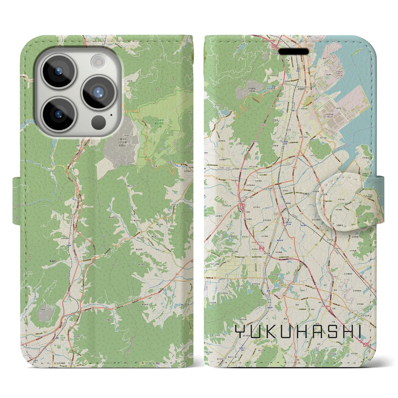 【行橋（福岡県）】地図柄iPhoneケース（手帳タイプ）ナチュラル・iPhone 15 Pro 用