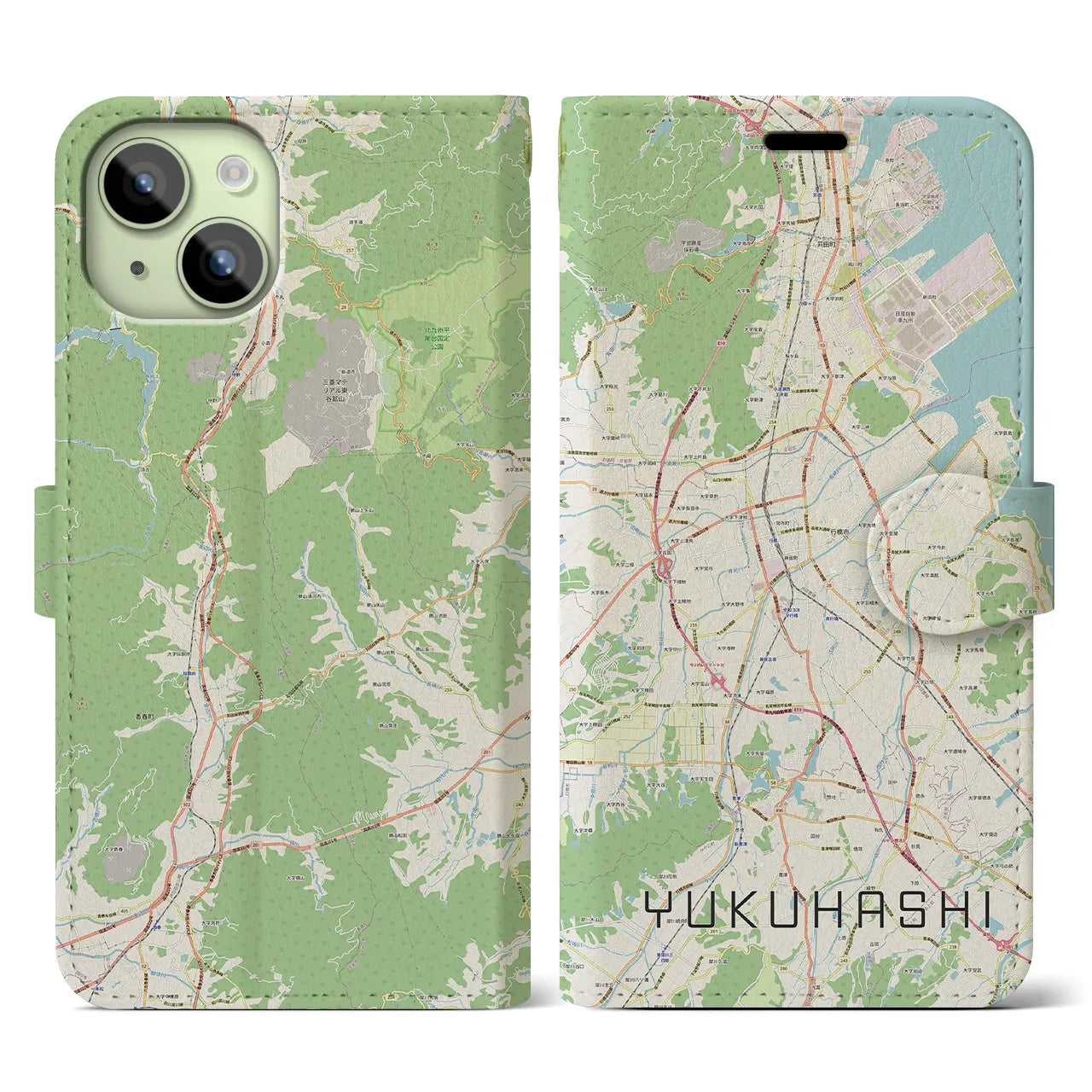 【行橋（福岡県）】地図柄iPhoneケース（手帳タイプ）ナチュラル・iPhone 15 用