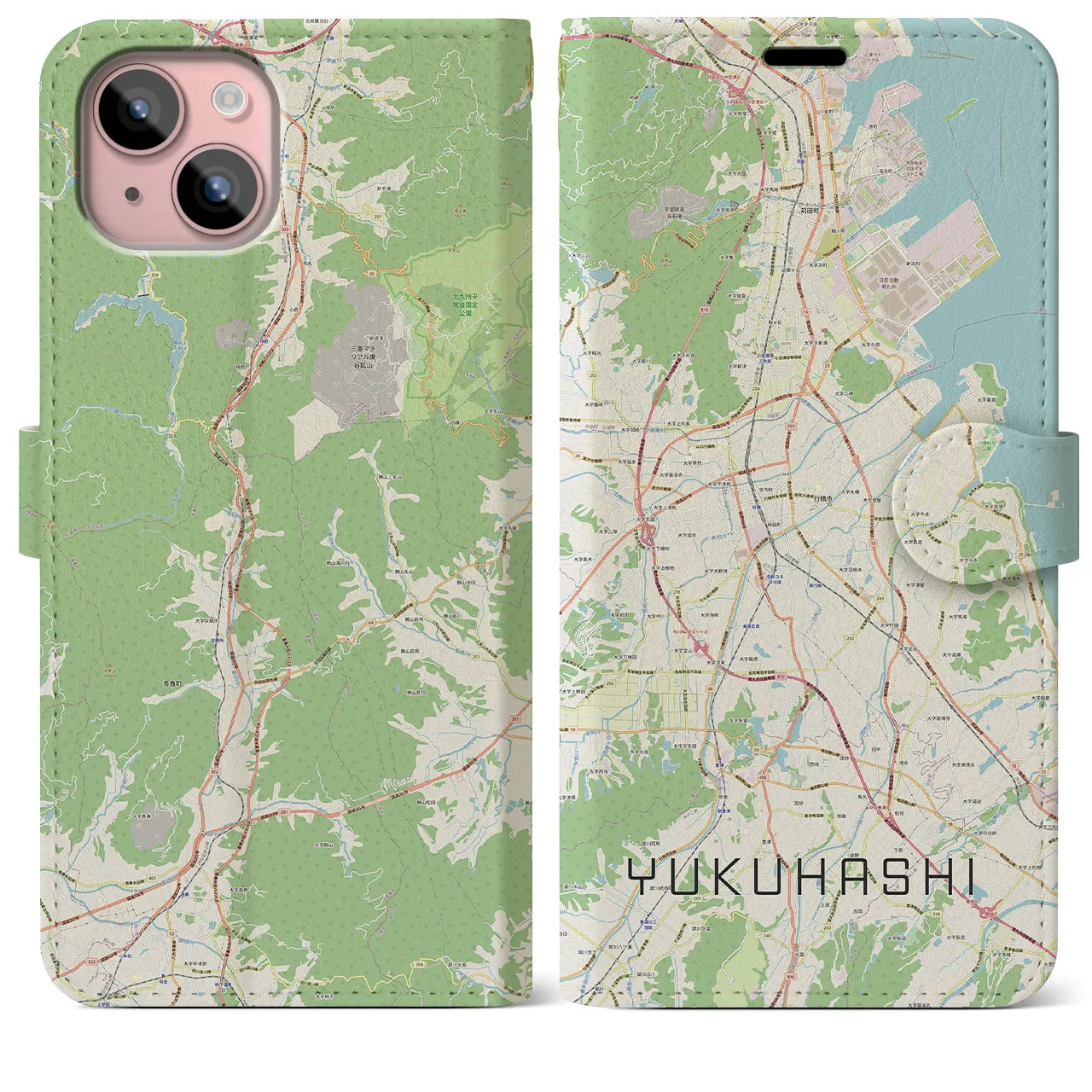 【行橋（福岡県）】地図柄iPhoneケース（手帳タイプ）ナチュラル・iPhone 15 Plus 用