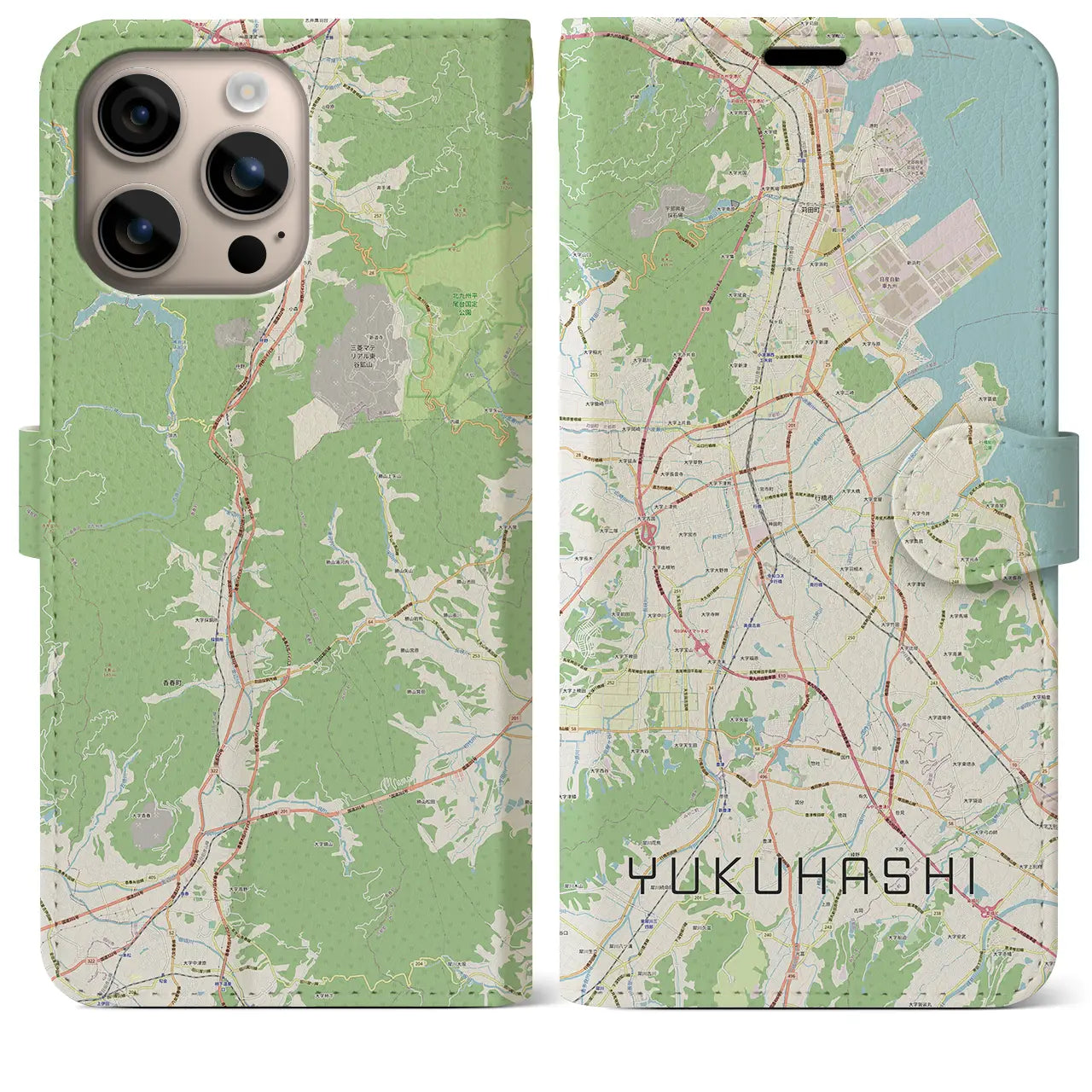 【行橋（福岡県）】地図柄iPhoneケース（手帳タイプ）ナチュラル・iPhone 16 Plus 用