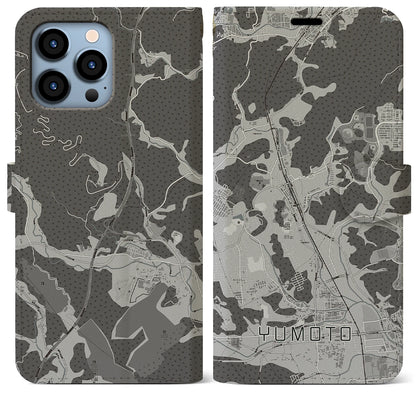 【湯本（福島県）】地図柄iPhoneケース（手帳タイプ）モノトーン・iPhone 13 Pro Max 用