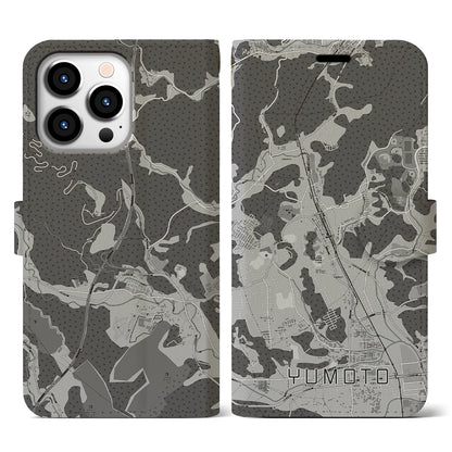 【湯本（福島県）】地図柄iPhoneケース（手帳タイプ）モノトーン・iPhone 13 Pro 用