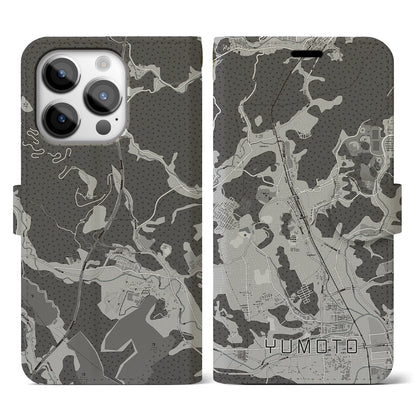 【湯本（福島県）】地図柄iPhoneケース（手帳タイプ）モノトーン・iPhone 14 Pro 用