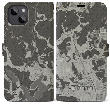 【湯本（福島県）】地図柄iPhoneケース（手帳タイプ）モノトーン・iPhone 14 Plus 用