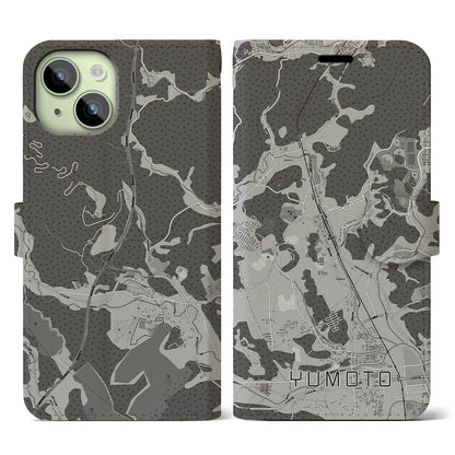 【湯本（福島県）】地図柄iPhoneケース（手帳タイプ）モノトーン・iPhone 15 用