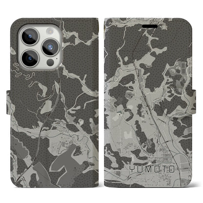 【湯本（福島県）】地図柄iPhoneケース（手帳タイプ）モノトーン・iPhone 15 Pro 用