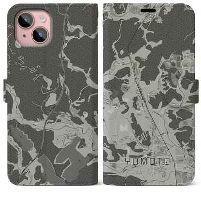 【湯本（福島県）】地図柄iPhoneケース（手帳タイプ）モノトーン・iPhone 15 Plus 用