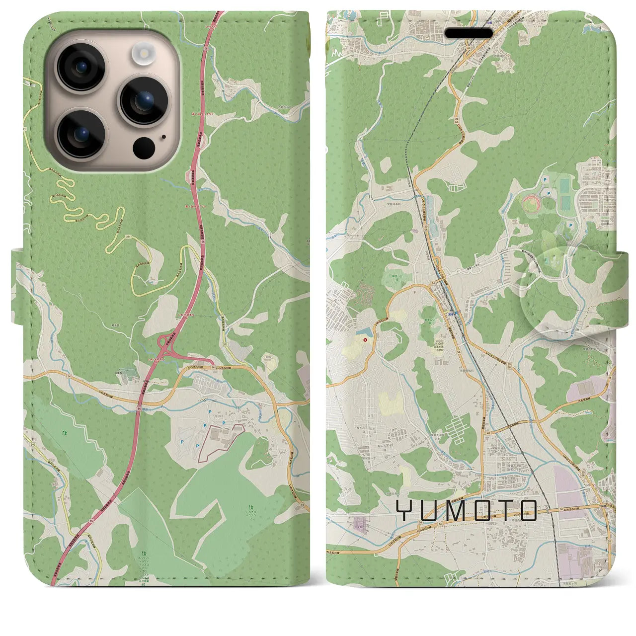 【湯本（福島県）】地図柄iPhoneケース（手帳タイプ）ナチュラル・iPhone 16 Plus 用