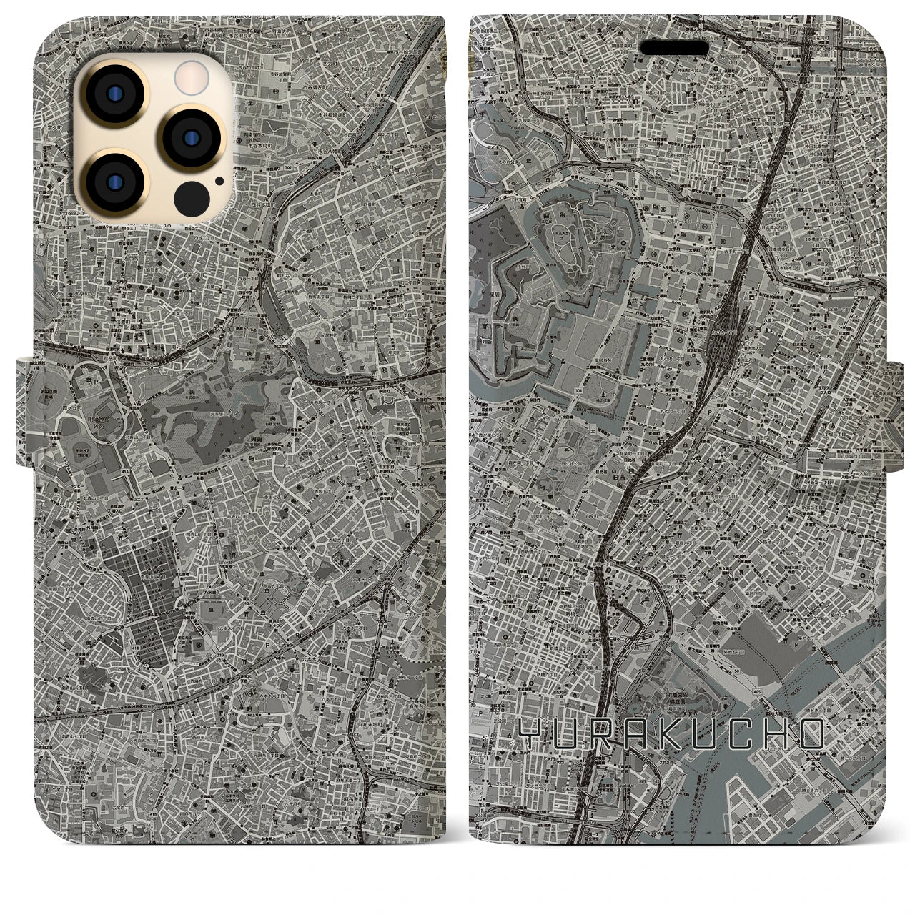 【有楽町】地図柄iPhoneケース（手帳両面タイプ・モノトーン）iPhone 12 Pro Max 用