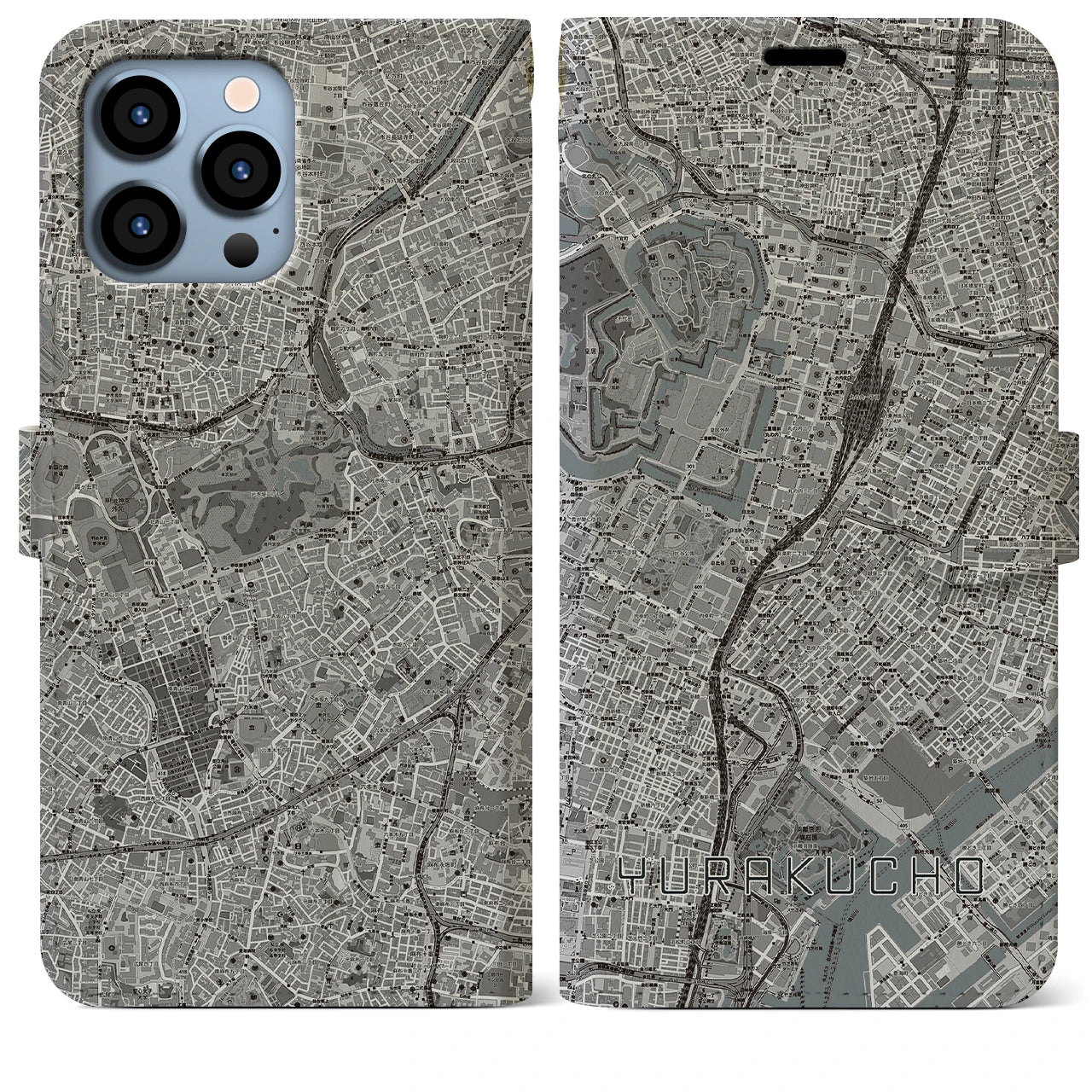 【有楽町】地図柄iPhoneケース（手帳両面タイプ・モノトーン）iPhone 13 Pro Max 用
