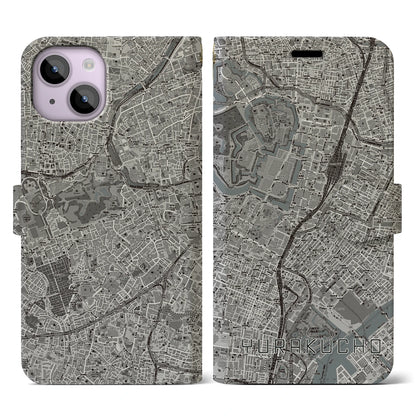 【有楽町（東京都）】地図柄iPhoneケース（手帳タイプ）モノトーン・iPhone 14 用