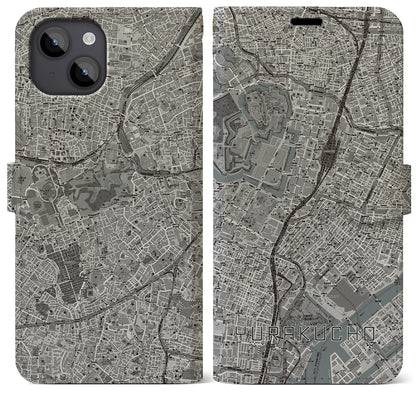 【有楽町（東京都）】地図柄iPhoneケース（手帳タイプ）モノトーン・iPhone 14 Plus 用