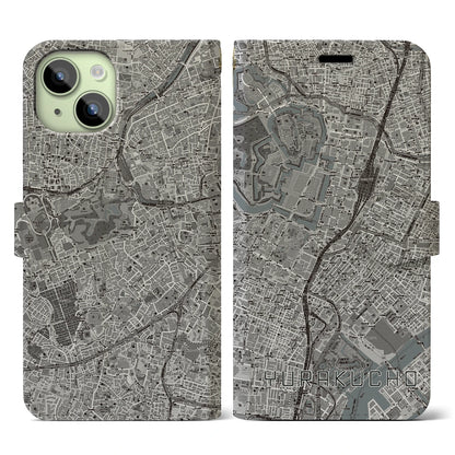 【有楽町（東京都）】地図柄iPhoneケース（手帳タイプ）モノトーン・iPhone 15 用