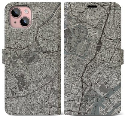 【有楽町（東京都）】地図柄iPhoneケース（手帳タイプ）モノトーン・iPhone 15 Plus 用
