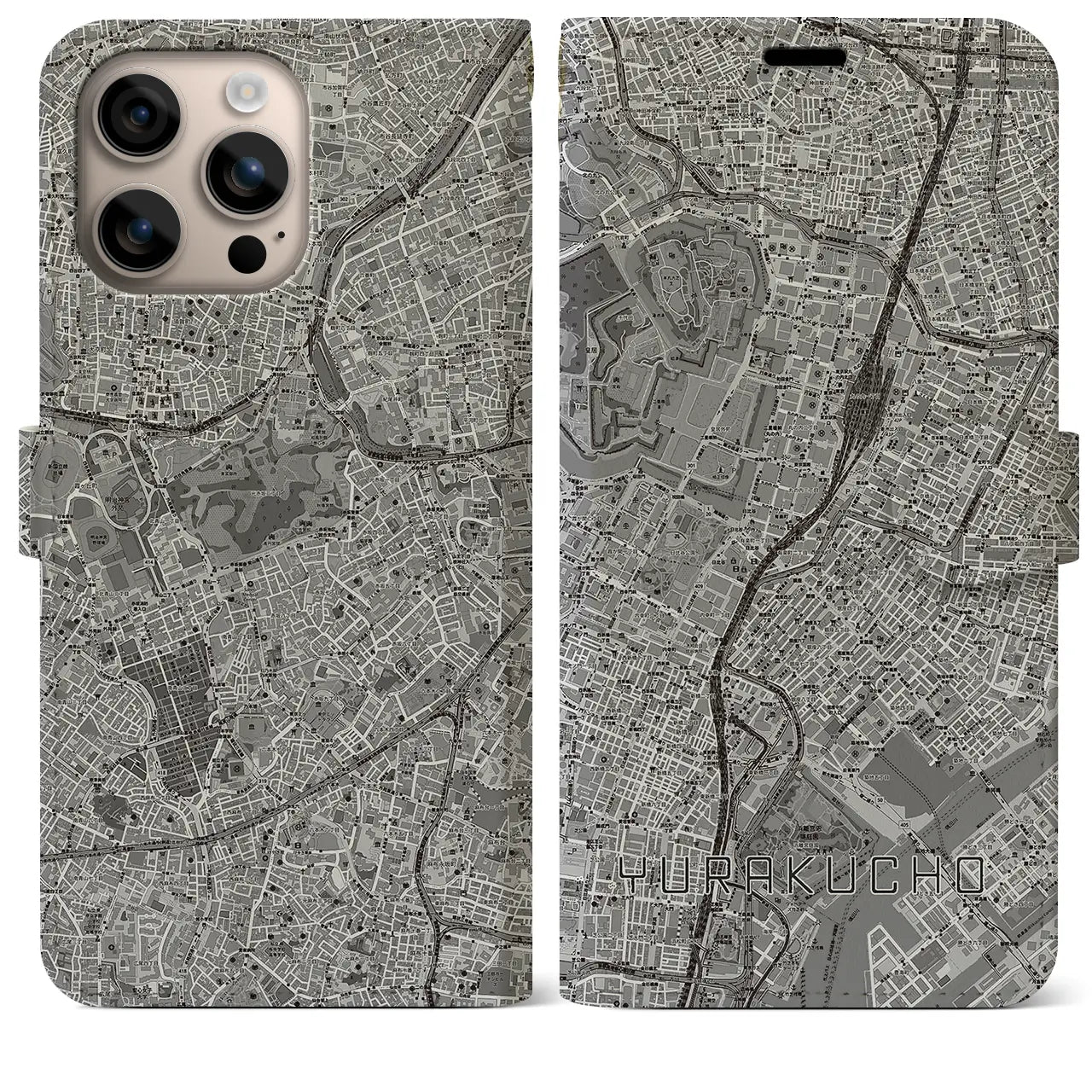 【有楽町（東京都）】地図柄iPhoneケース（手帳タイプ）モノトーン・iPhone 16 Plus 用