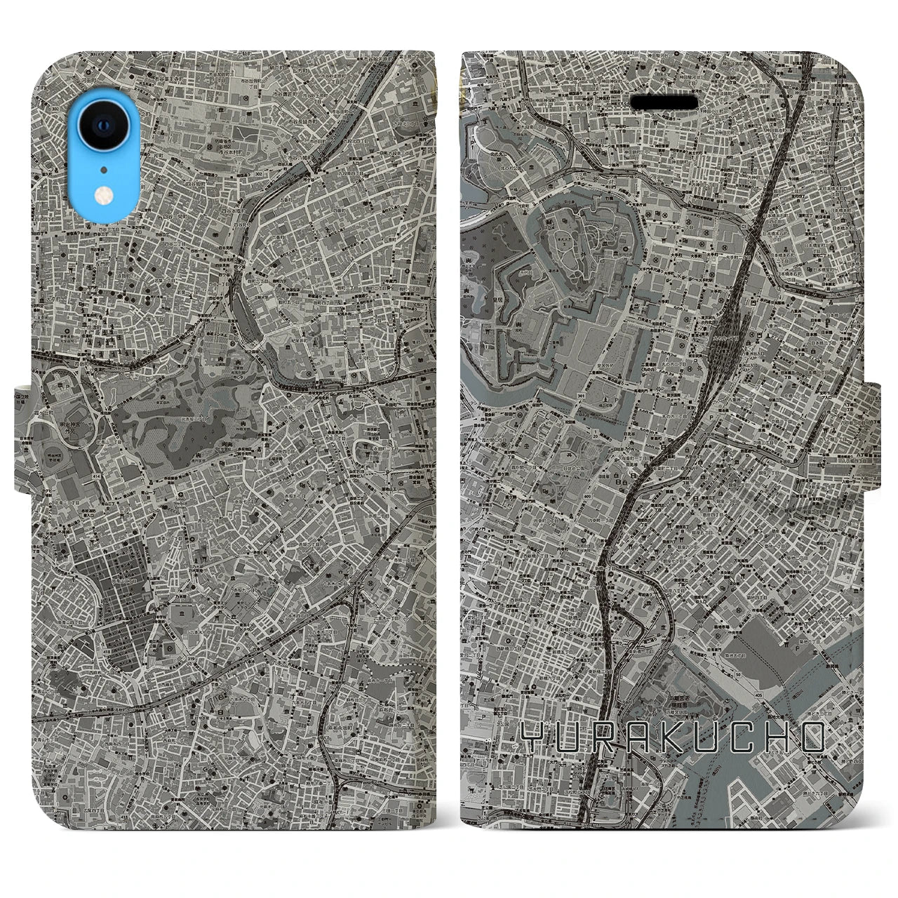 【有楽町】地図柄iPhoneケース（手帳両面タイプ・モノトーン）iPhone XR 用