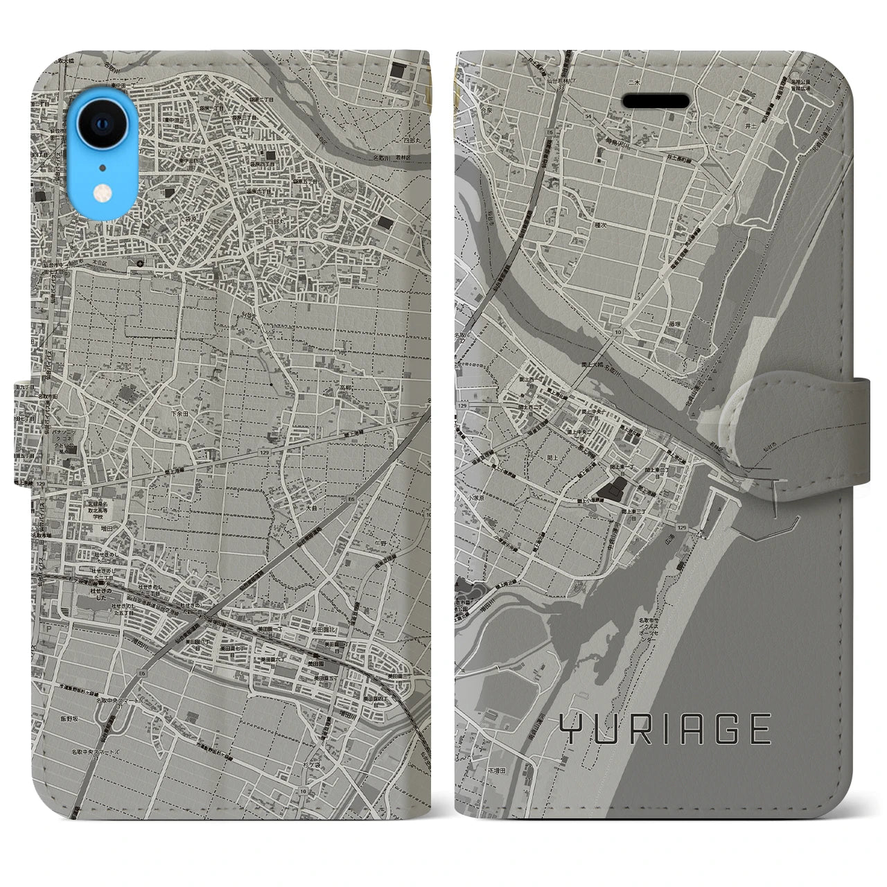 【閖上（宮城県）】地図柄iPhoneケース（手帳タイプ）モノトーン・iPhone XR 用