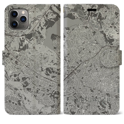 【百合ヶ丘（神奈川県）】地図柄iPhoneケース（手帳タイプ）モノトーン・iPhone 11 Pro Max 用