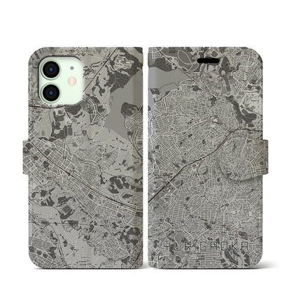 【百合ヶ丘（神奈川県）】地図柄iPhoneケース（手帳タイプ）モノトーン・iPhone 12 mini 用