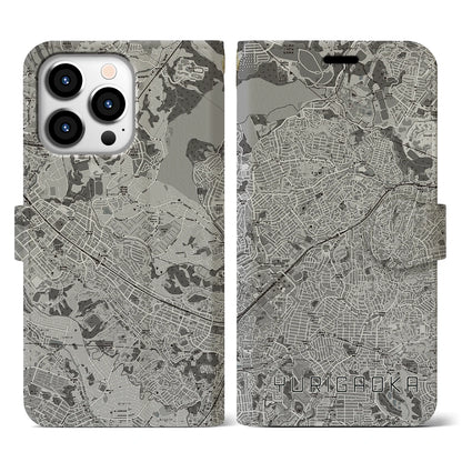 【百合ヶ丘（神奈川県）】地図柄iPhoneケース（手帳タイプ）モノトーン・iPhone 13 Pro 用