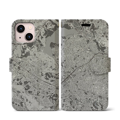 【百合ヶ丘（神奈川県）】地図柄iPhoneケース（手帳タイプ）モノトーン・iPhone 13 mini 用