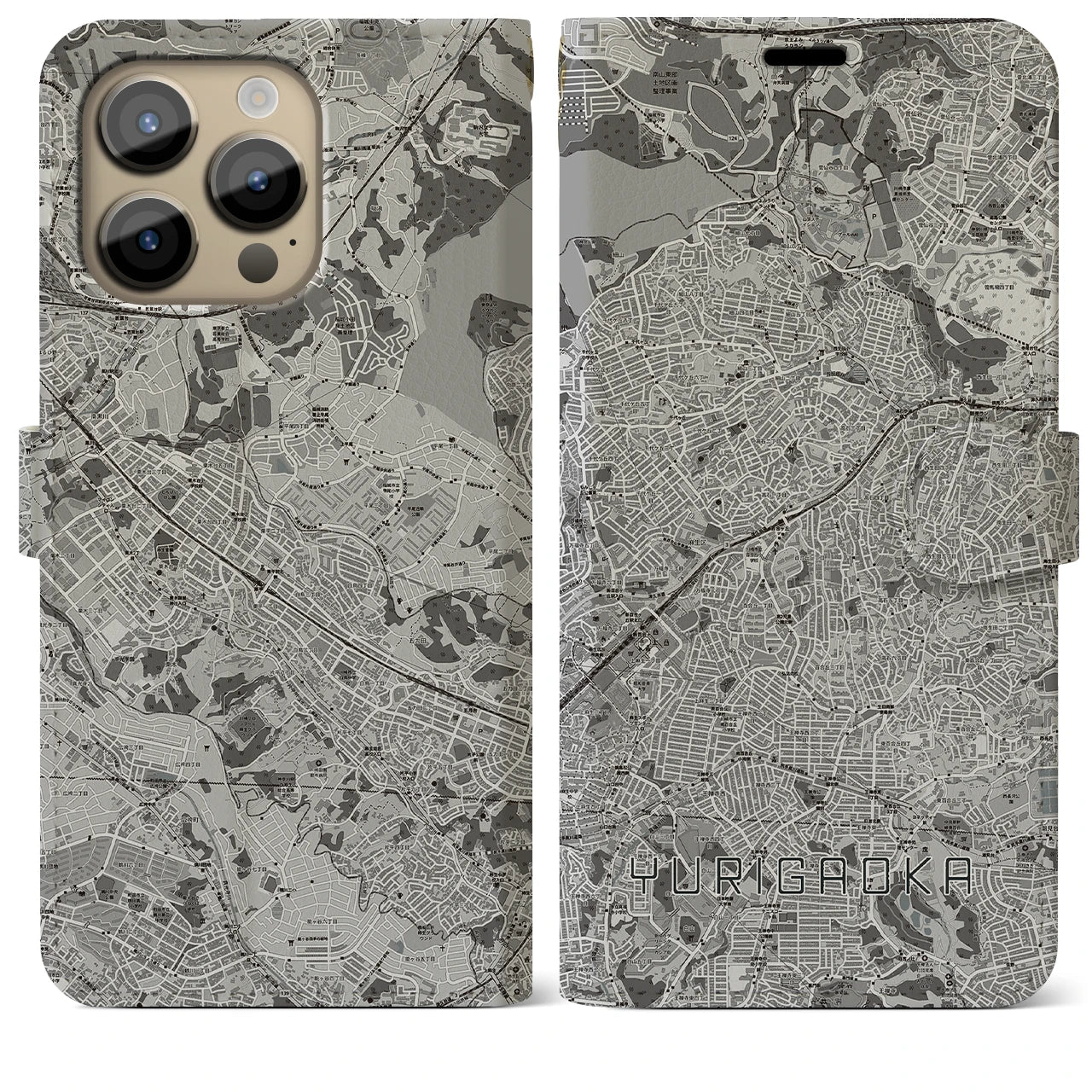 【百合ヶ丘】地図柄iPhoneケース（手帳両面タイプ・モノトーン）iPhone 14 Pro Max 用