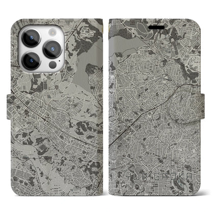 【百合ヶ丘（神奈川県）】地図柄iPhoneケース（手帳タイプ）モノトーン・iPhone 14 Pro 用