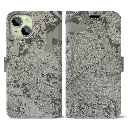 【百合ヶ丘（神奈川県）】地図柄iPhoneケース（手帳タイプ）モノトーン・iPhone 15 用