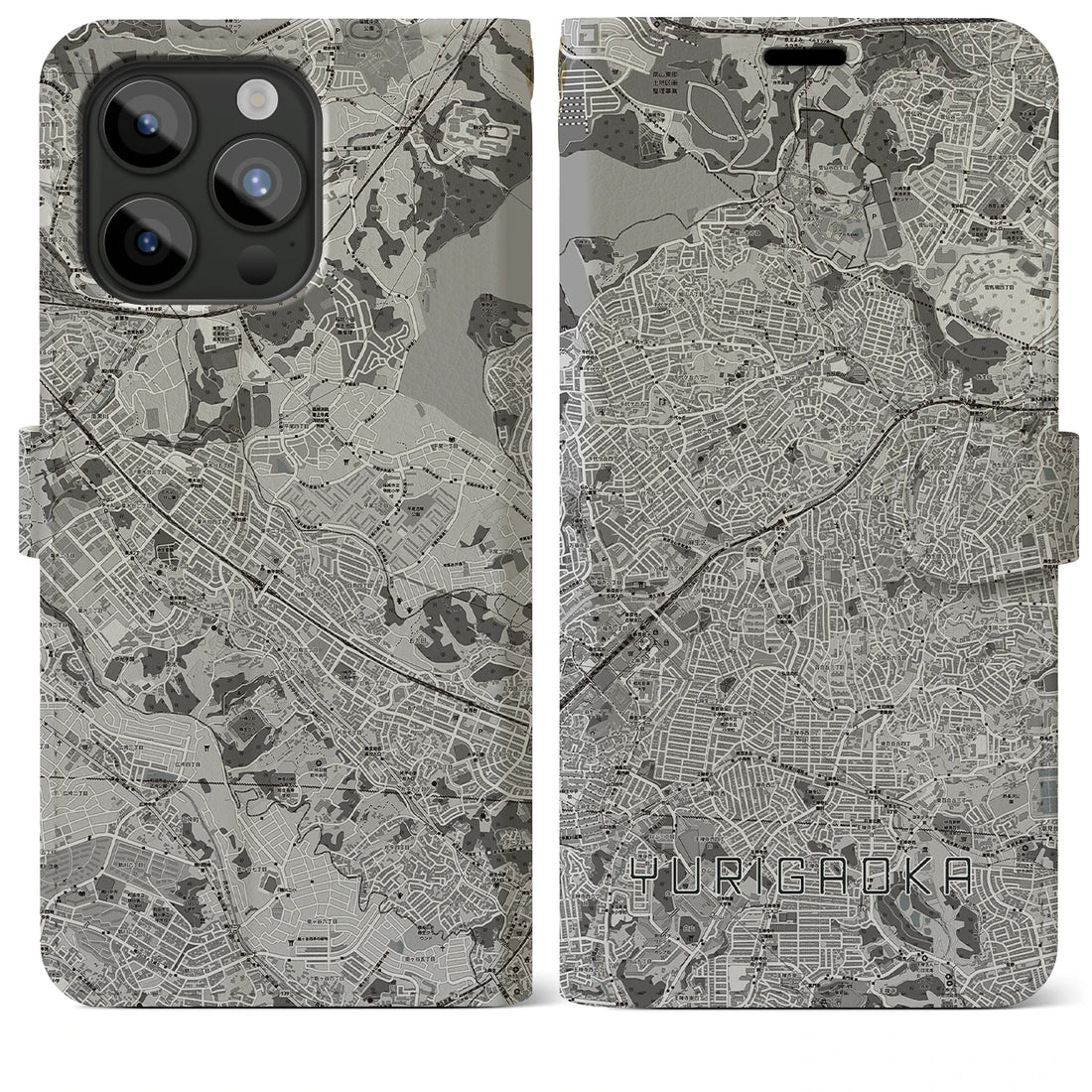 【百合ヶ丘】地図柄iPhoneケース（手帳両面タイプ・モノトーン）iPhone 15 Pro Max 用