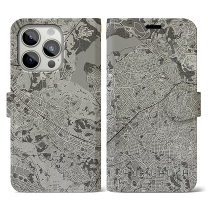 【百合ヶ丘（神奈川県）】地図柄iPhoneケース（手帳タイプ）モノトーン・iPhone 15 Pro 用