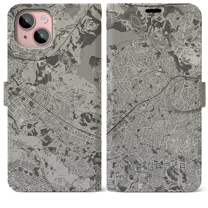 【百合ヶ丘（神奈川県）】地図柄iPhoneケース（手帳タイプ）モノトーン・iPhone 15 Plus 用