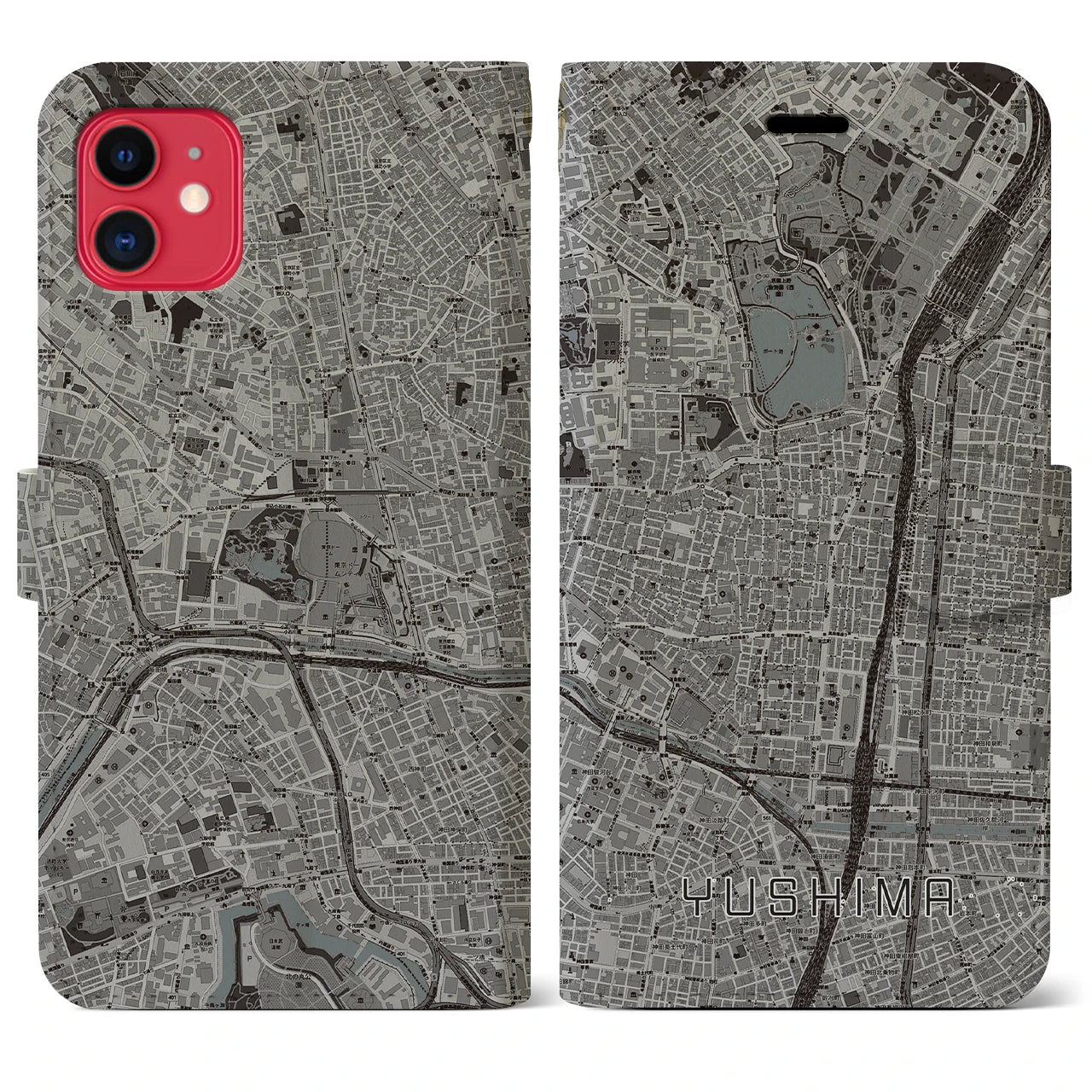 【湯島】地図柄iPhoneケース（手帳両面タイプ・モノトーン）iPhone 11 用
