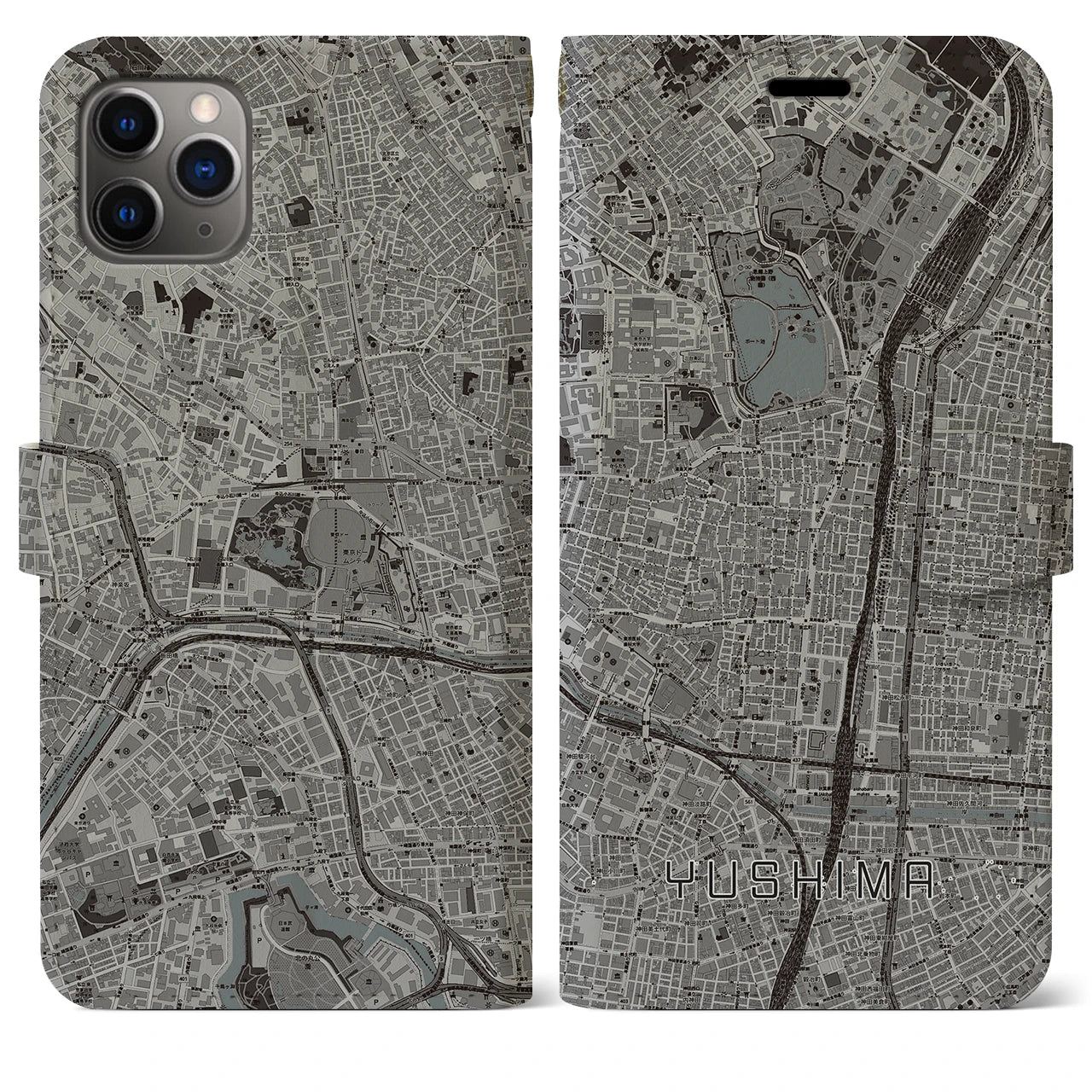 【湯島】地図柄iPhoneケース（手帳両面タイプ・モノトーン）iPhone 11 Pro Max 用