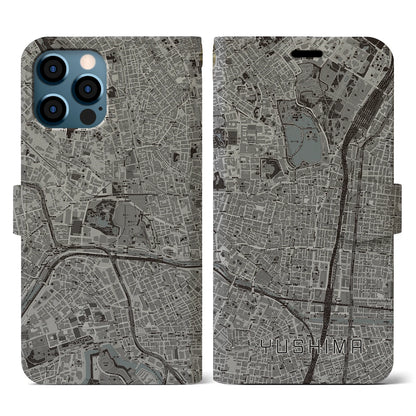 【湯島（東京都）】地図柄iPhoneケース（手帳タイプ）モノトーン・iPhone 12 / 12 Pro 用