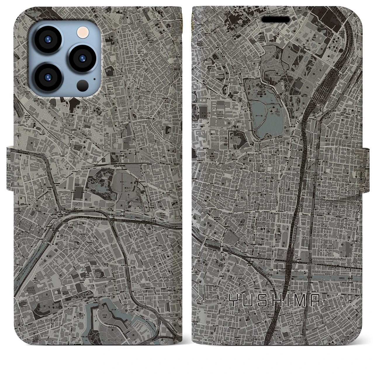 【湯島】地図柄iPhoneケース（手帳両面タイプ・モノトーン）iPhone 13 Pro Max 用