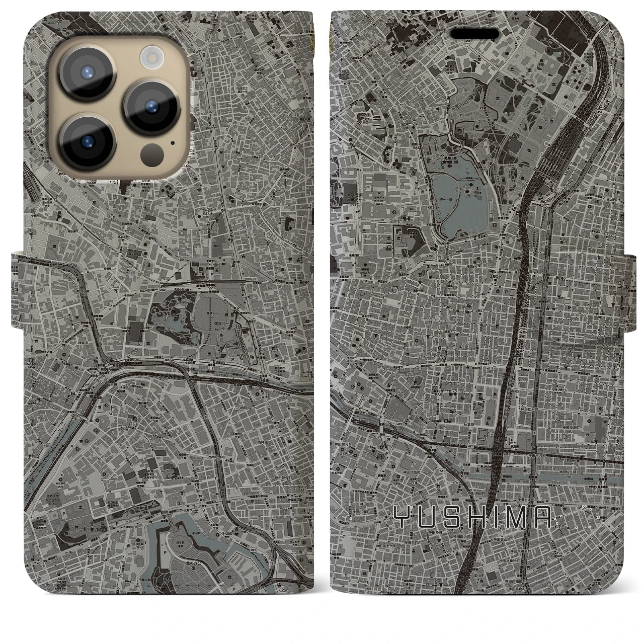 【湯島】地図柄iPhoneケース（手帳両面タイプ・モノトーン）iPhone 14 Pro Max 用
