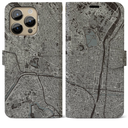 【湯島（東京都）】地図柄iPhoneケース（手帳タイプ）モノトーン・iPhone 14 Pro Max 用