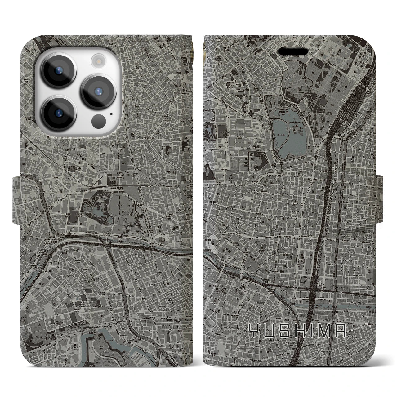 【湯島】地図柄iPhoneケース（手帳両面タイプ・モノトーン）iPhone 14 Pro 用