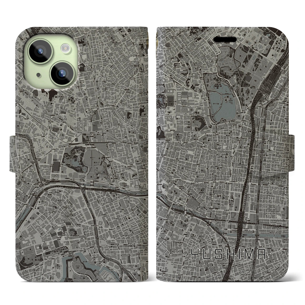 【湯島】地図柄iPhoneケース（手帳両面タイプ・モノトーン）iPhone 15 用