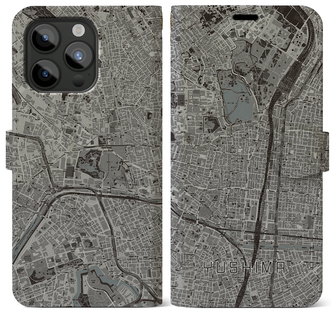 【湯島】地図柄iPhoneケース（手帳両面タイプ・モノトーン）iPhone 15 Pro Max 用