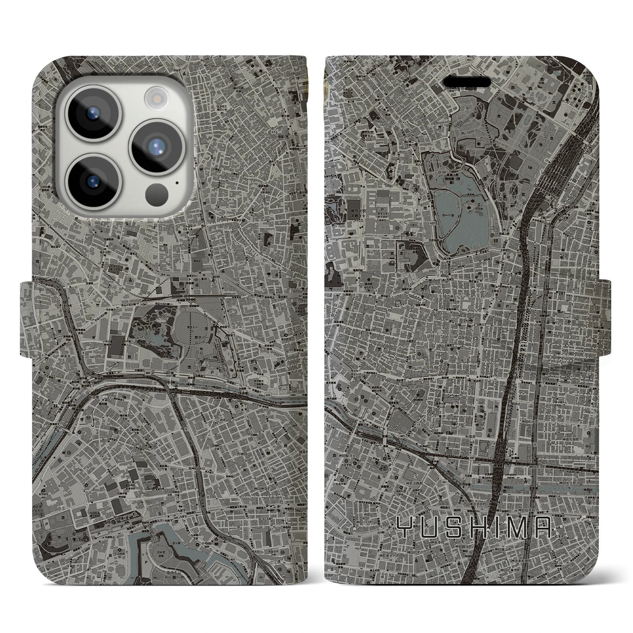 【湯島】地図柄iPhoneケース（手帳両面タイプ・モノトーン）iPhone 15 Pro 用