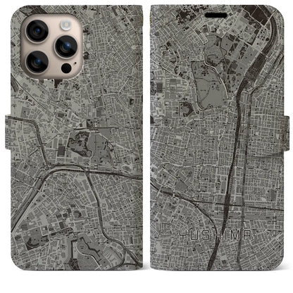 【湯島（東京都）】地図柄iPhoneケース（手帳タイプ）モノトーン・iPhone 16 Plus 用