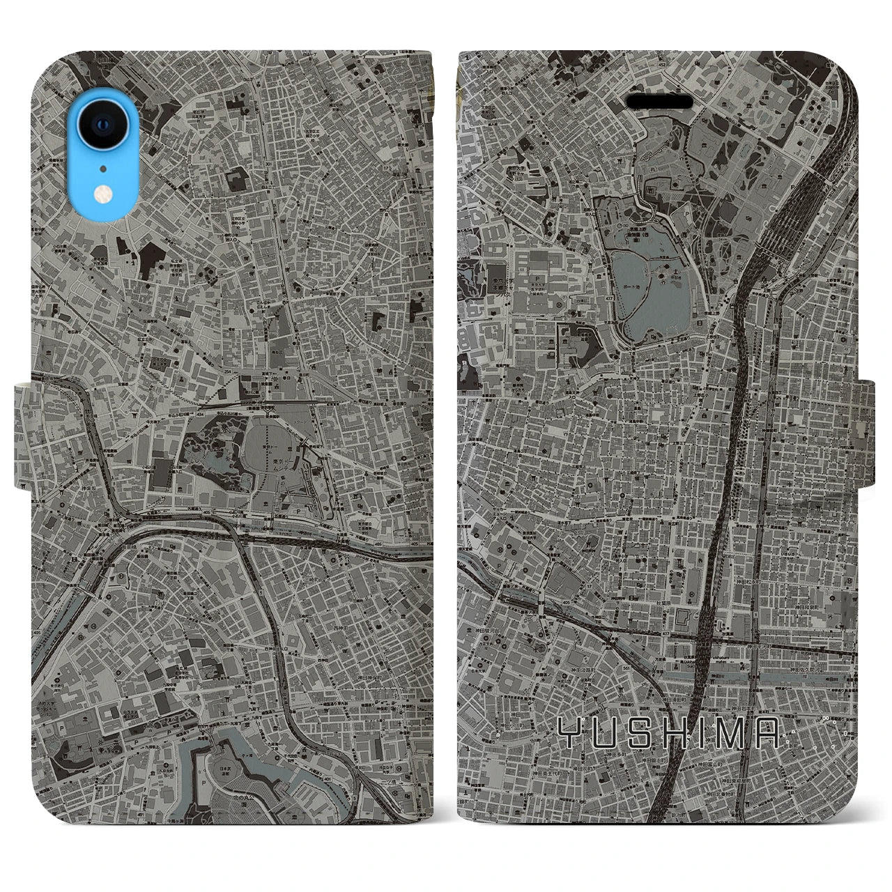 【湯島】地図柄iPhoneケース（手帳両面タイプ・モノトーン）iPhone XR 用