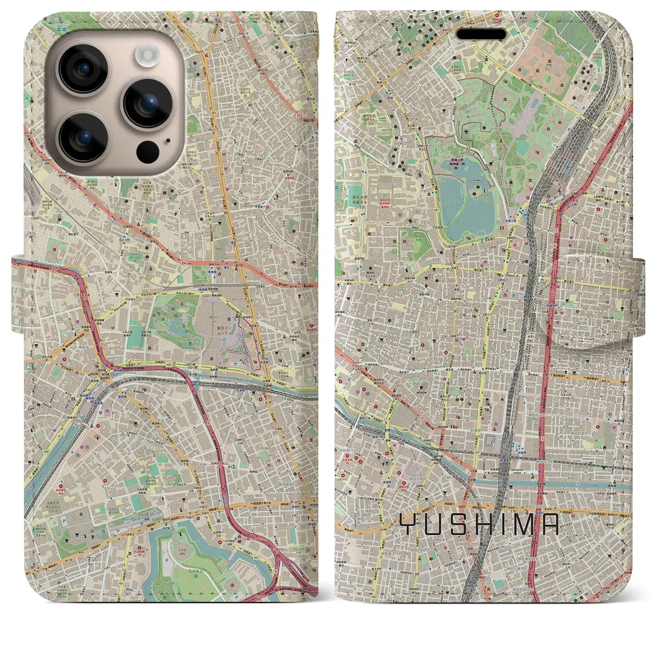 【湯島（東京都）】地図柄iPhoneケース（手帳タイプ）ナチュラル・iPhone 16 Plus 用