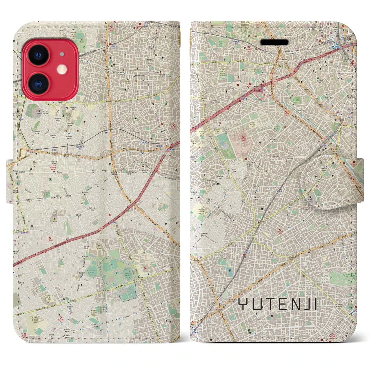 【祐天寺（東京都）】地図柄iPhoneケース（手帳タイプ）ナチュラル・iPhone 11 用