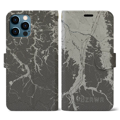 【湯沢（秋田県）】地図柄iPhoneケース（手帳タイプ）モノトーン・iPhone 12 / 12 Pro 用