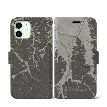 【湯沢（秋田県）】地図柄iPhoneケース（手帳タイプ）モノトーン・iPhone 12 mini 用