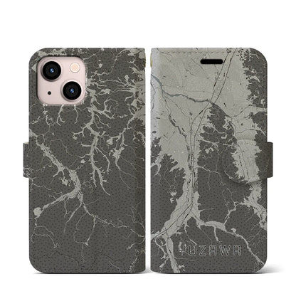 【湯沢（秋田県）】地図柄iPhoneケース（手帳タイプ）モノトーン・iPhone 13 mini 用