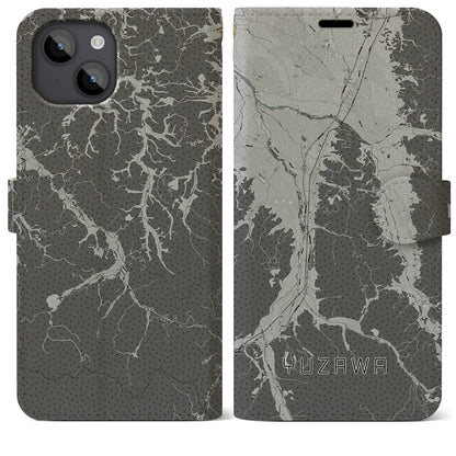 【湯沢（秋田県）】地図柄iPhoneケース（手帳タイプ）モノトーン・iPhone 14 Plus 用