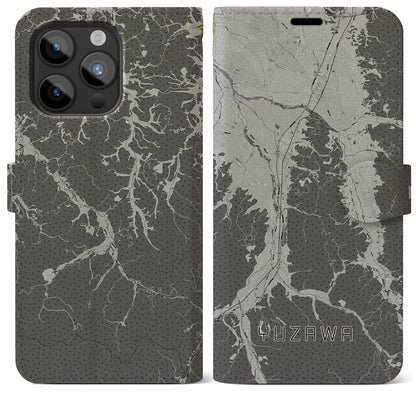 【湯沢（秋田県）】地図柄iPhoneケース（手帳タイプ）モノトーン・iPhone 15 Pro Max 用